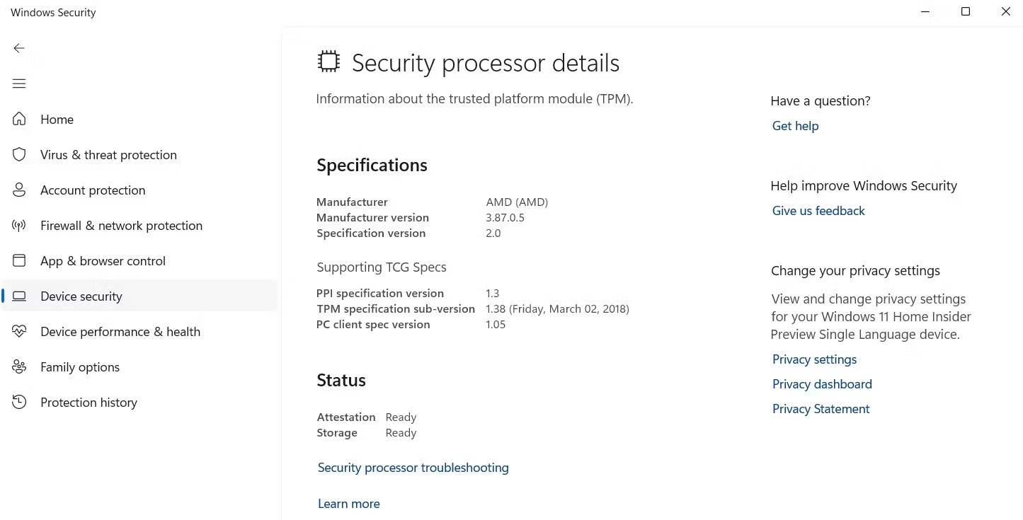 Tùy chọn khắc phục sự cố bộ xử lý bảo mật trong ứng dụng Windows Security