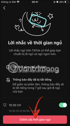 Chỉnh sửa lời nhắc đi ngủ TikTok