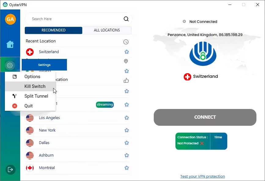 Tùy chọn kill switch trong OysterVPN