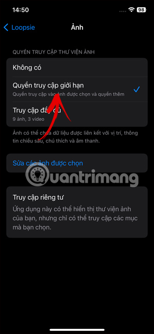 Tùy chọn giới hạn quyền truy cập ảnh iPhone