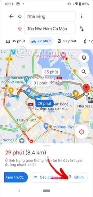 Chọn ghim tuyến đường trên Google Maps