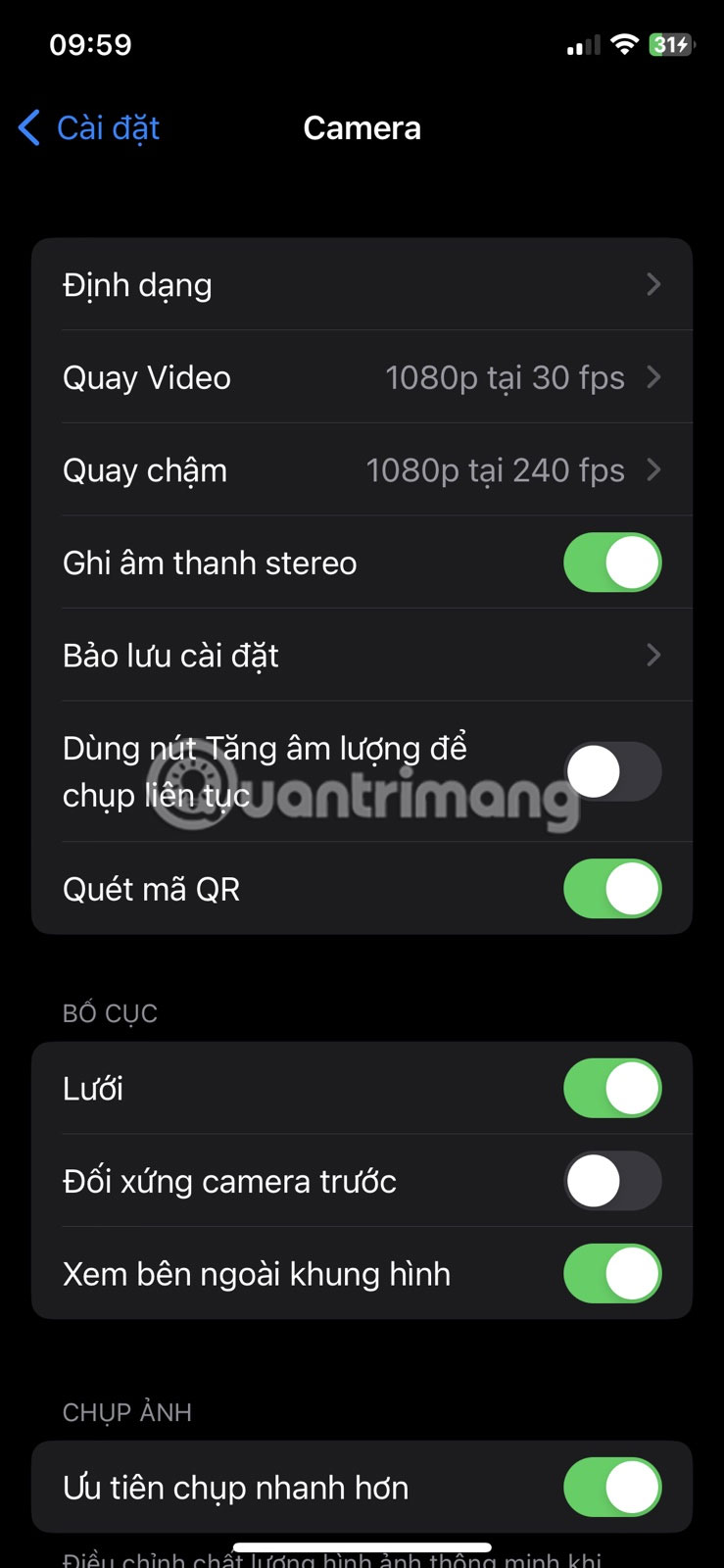 Cài đặt camera iPhone với tính năng Quét mã QR được bật