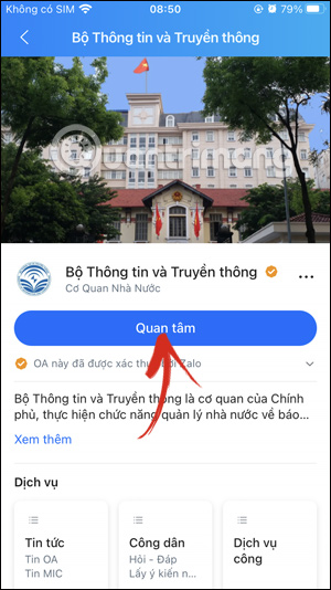 Quan tâm tài khoản Zalo OA