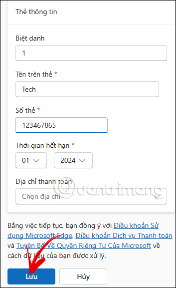 Thẻ thanh toán trên Microsoft Edge