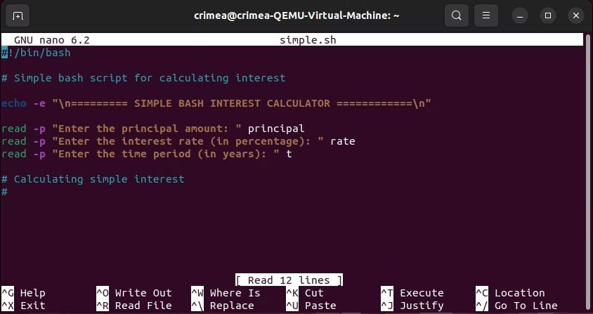 Một script bash mở trong GNU nano