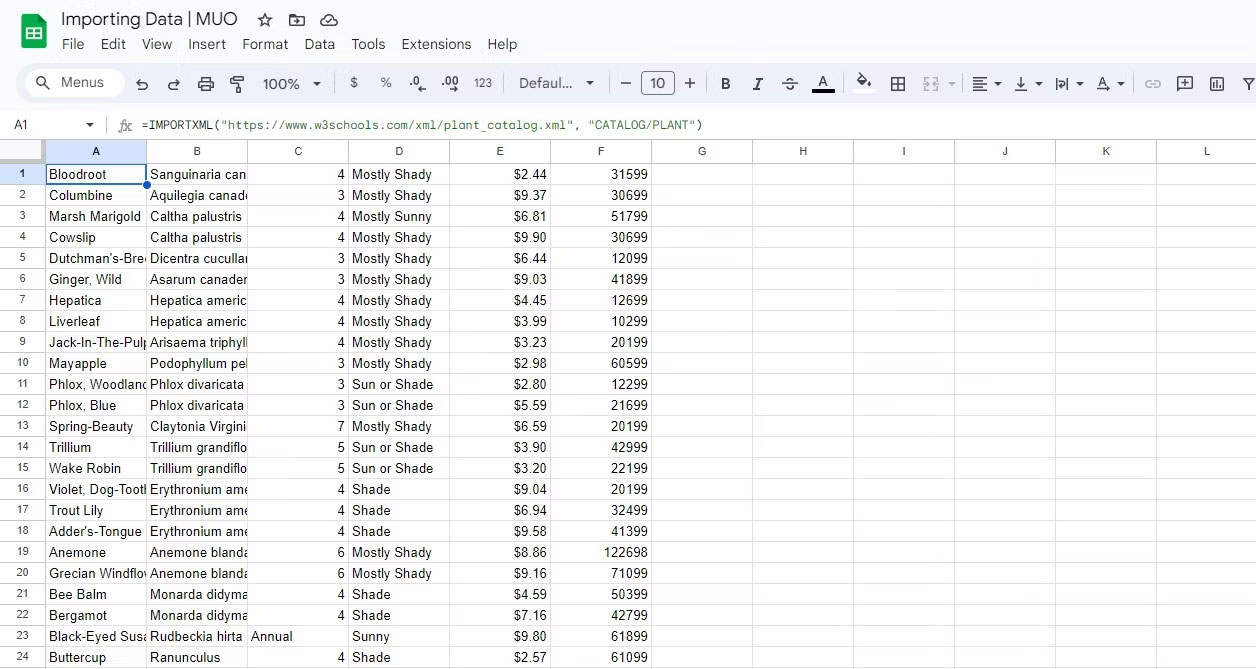 Sử dụng IMPORTXML trong Google Sheets