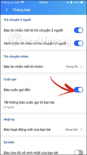 Tắt thông báo cuộc gọi Zalo