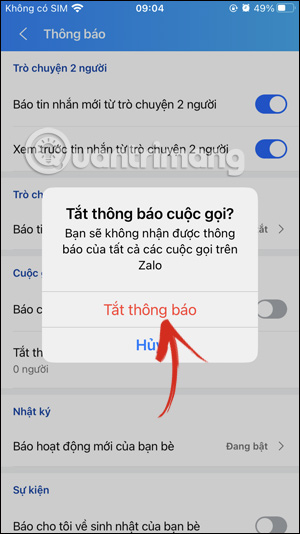 Không nhận thông báo cuộc gọi Zalo