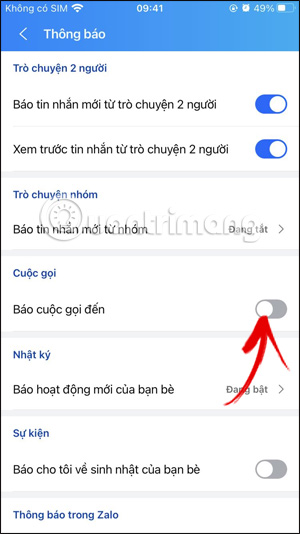 Thông báo cuộc gọi Zalo đã tắt