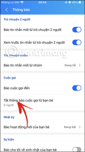 Tắt cuộc gọi Zalo từ bạn bè