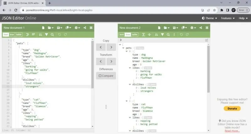 Chế độ xem ứng dụng web JSON trong trình duyệt.