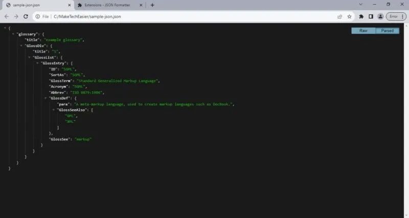 Tiện ích mở rộng JSON Formatter đang hoạt động.