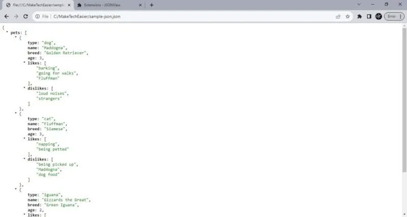Các tiện ích mở rộng JSONView của Chrome đang hoạt động.