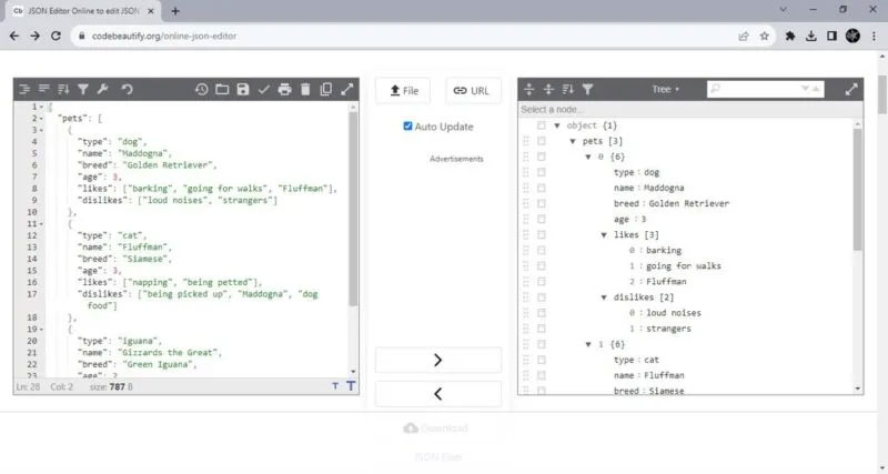 Tiện ích mở rộng Code Beautify JSON Editor đang hoạt động.