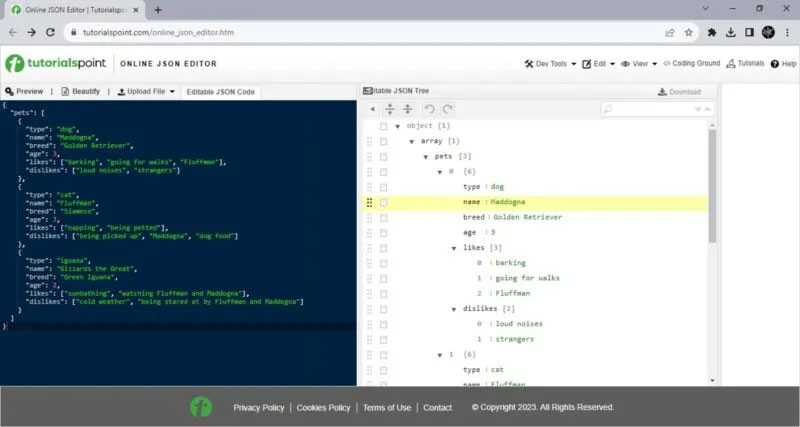 Online JSON Editor trong trình duyệt.