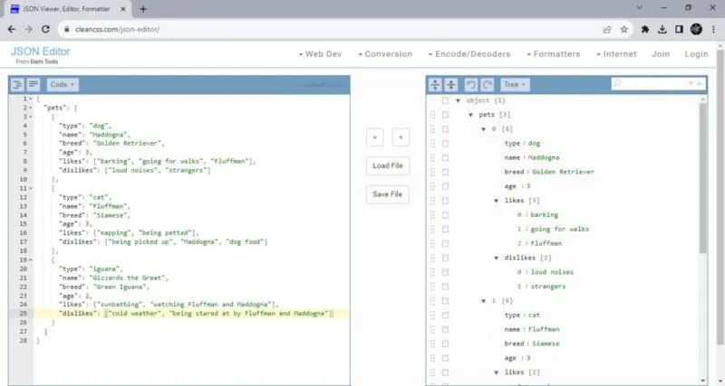 JSON Editor From Dan's Tools trong trình duyệt.