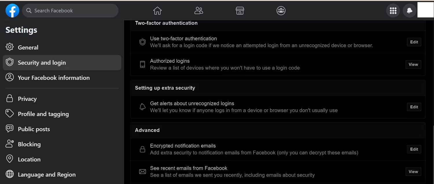 Nhấp vào View để xem các email gần đây từ Facebook trong ứng dụng web Facebook