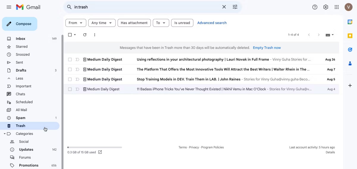 Thư mục Trash của Gmail