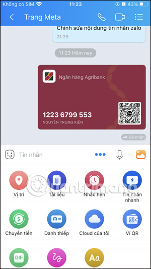Thẻ ngân hàng gửi từ Ví Zalo trong Zalo