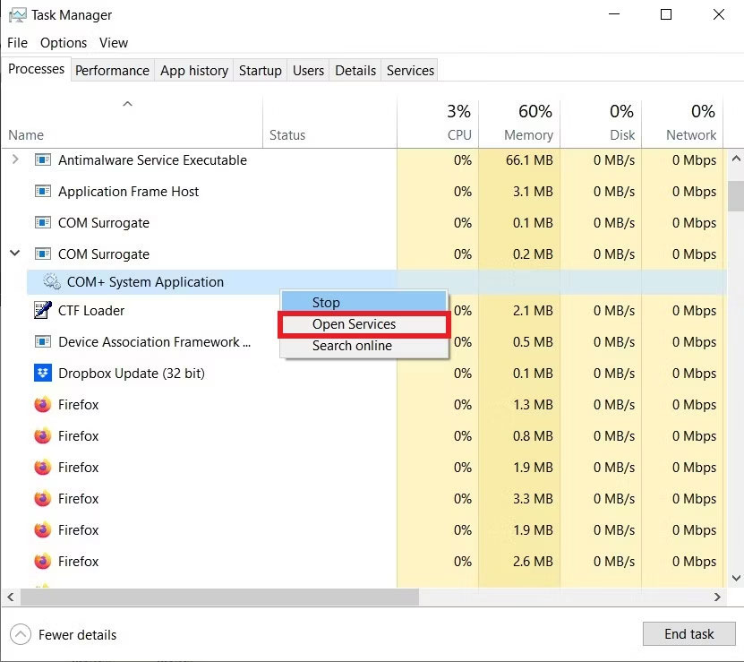 Mở hộp thoại Services trên Task Manager