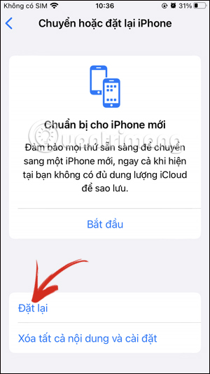 Chọn Cài đặt lại
