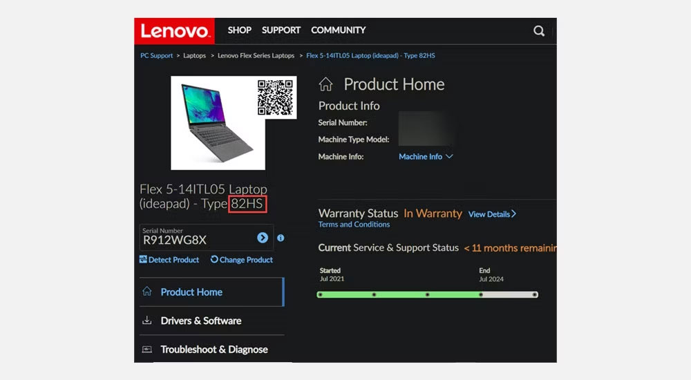 Trang chủ sản phẩm laptop Lenovo hiển thị nhiều thông tin hệ thống khác nhau bao gồm số model
