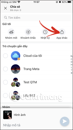 Chọn gửi ảnh trên Zalo sang app khác