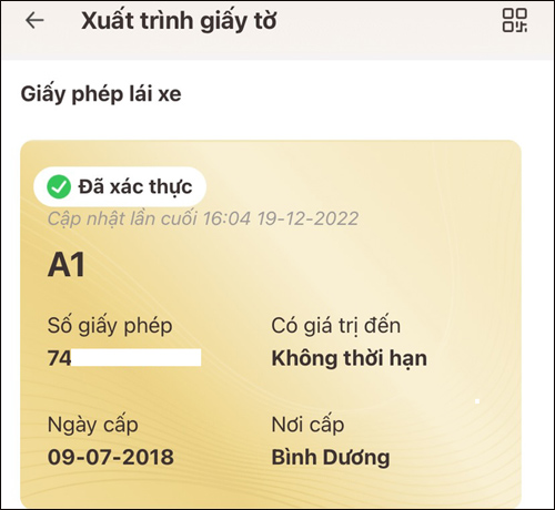 Hiển thị thông tin GPLX VNeID
