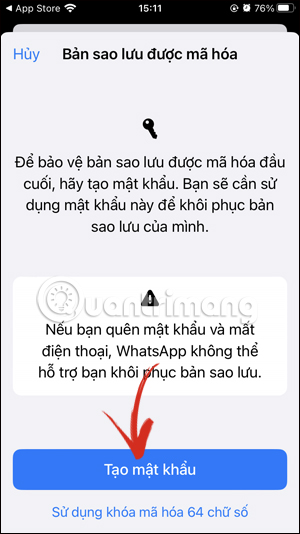 Chọn tạo mật khẩu mã khóa sao lưu WhatsApp