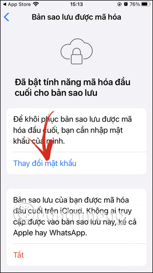 Đổi mật khẩu mã khóa bản sao lưu WhatsApp