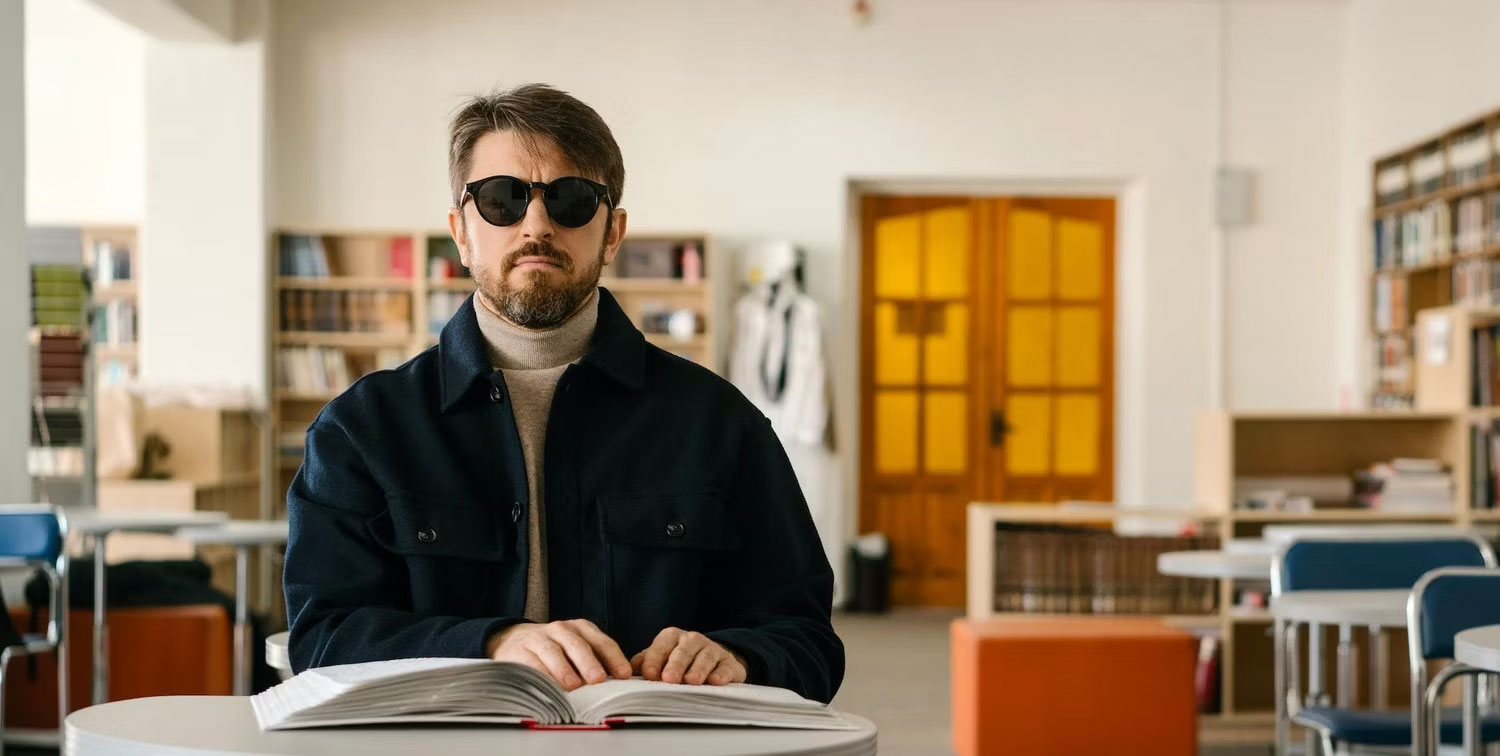 Một người đàn ông đeo kính râm chạm vào một cuốn sách đang mở