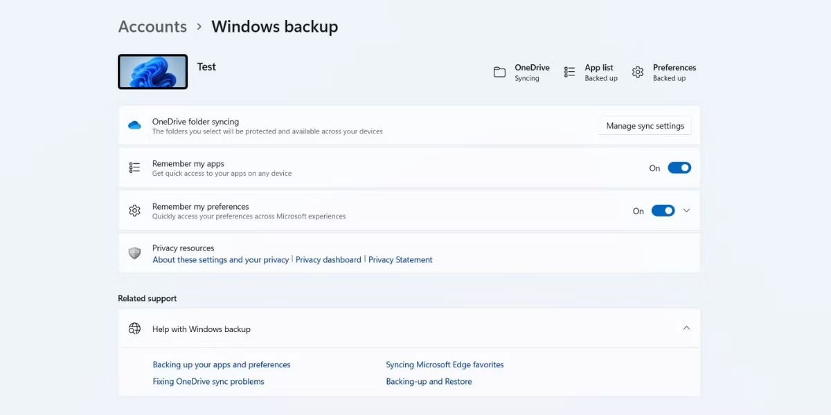 Trang Windows Backup trong ứng dụng Settings