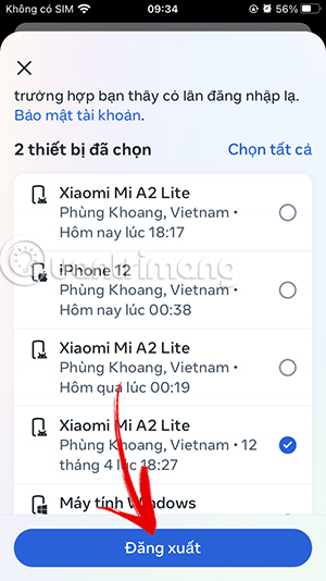 Các thiết bị đăng xuất Facebook