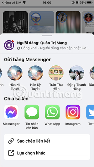 Tùy chọn gửi ảnh chụp màn hình Facebook