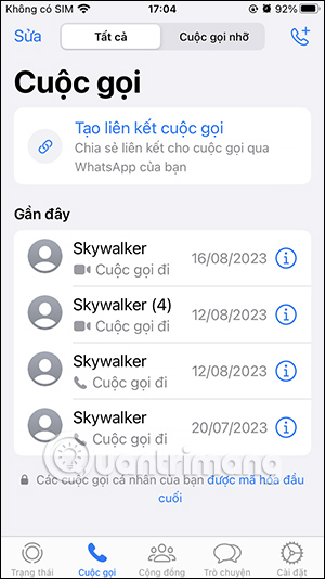 Lịch sử cuộc gọi WhatsApp