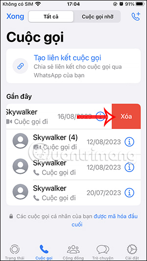 Xóa lịch sử cuộc gọi WhatsApp