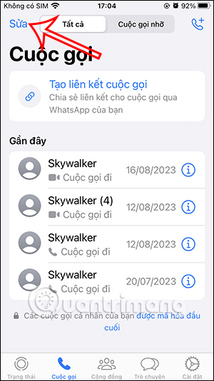 Sửa lịch sử cuộc gọi WhatsApp