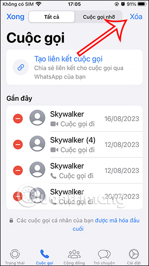 Xóa lịch sử cuộc gọi WhatsApp