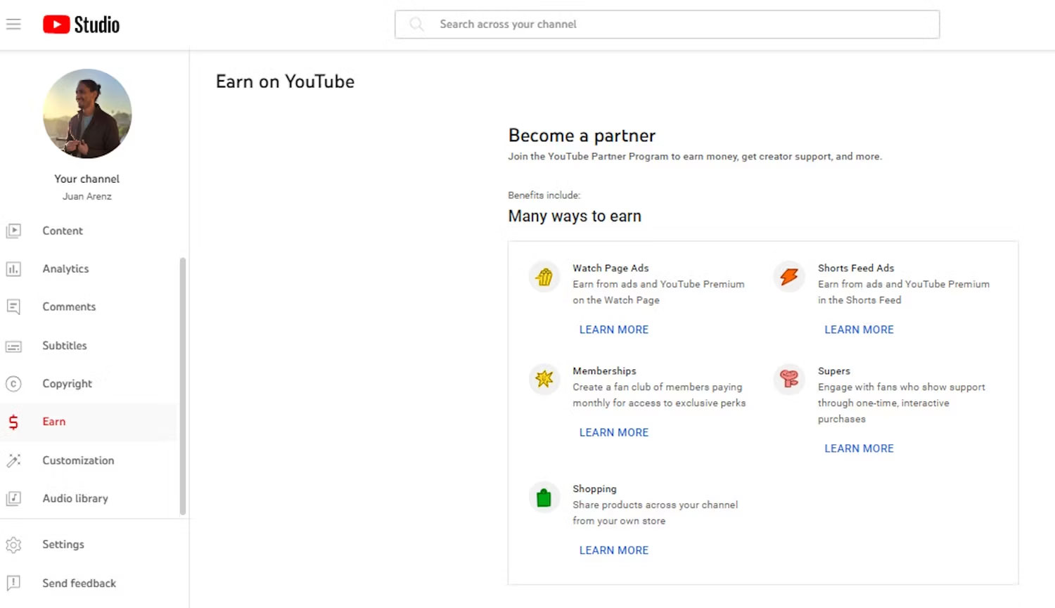 Bật chế độ kiếm tiề trên Studio YouTube