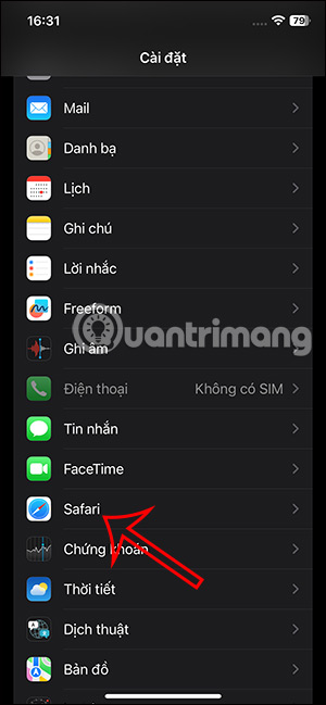 Chỉnh Safari trong cài đặt 