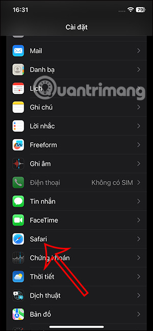 Truy cập Safari trong Cài đặt