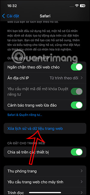 Xóa lịch sử và dữ liệu trang web Safari