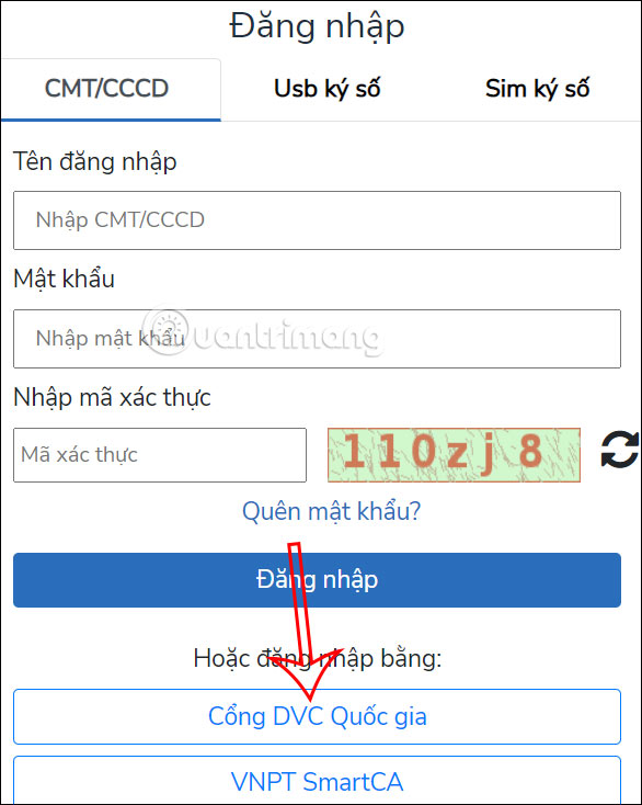 Đăng nhập bằng Cổng DVC quốc gia