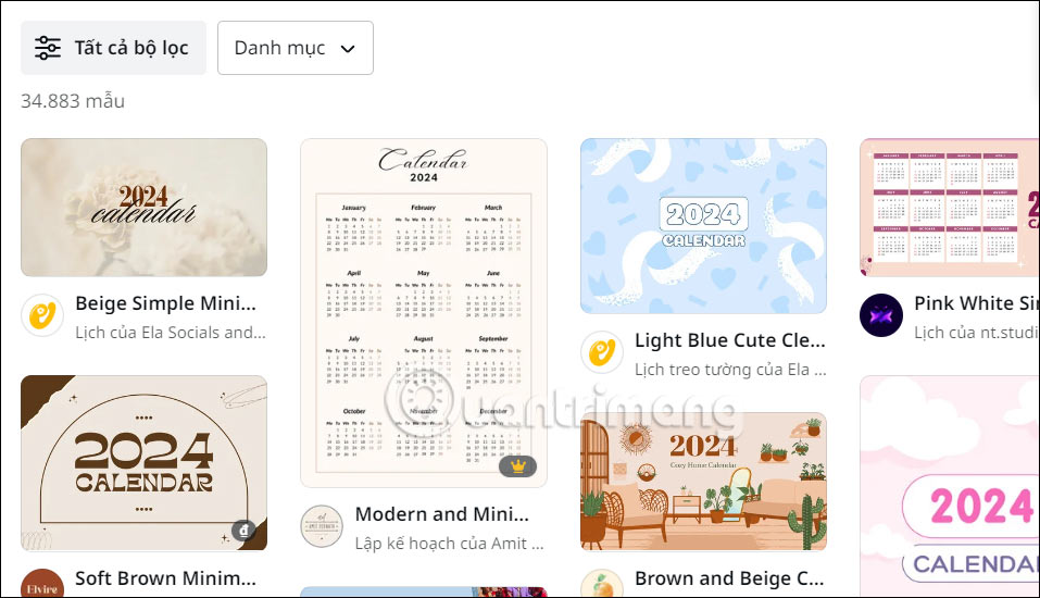 Mẫu lịch trên Canva