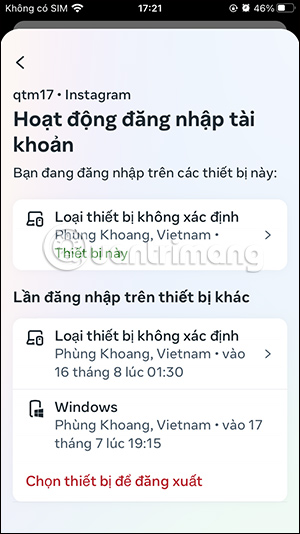 Thiết bị đăng nhập Instagram