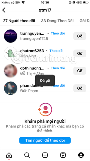 Đã xóa khỏi danh sách theo dõi Instagram