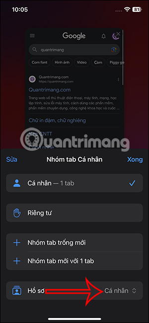 Chọn hồ sơ trên Safari