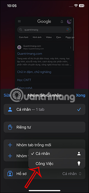 Chọn hồ sơ tạo trên Safari