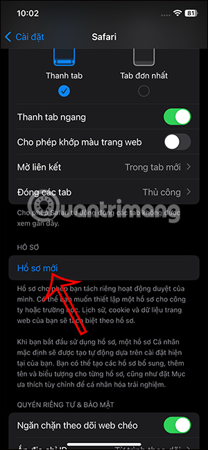 Hồ sơ mới trong Safari iPhone
